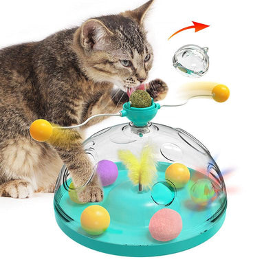 Interactive cat toy with twirling teaser sticks and colorful plastic design