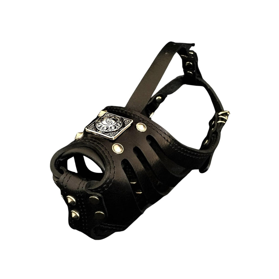 Black Leather Basket Dog Muzzle, Breathable Padded Fit (L-XXL)