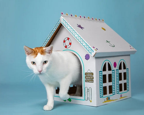 Cat in the Box Breezy Beach Cottage Cardboard Cat Playhouse, 5 Pack — Furniture Cat Trees | Paws N Shades