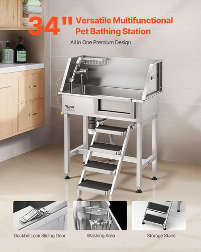 Professional 34" Stainless Steel Pet Grooming Tub with Walk-In Stairs — Cats Grooming | Paws N Shades