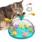 Interactive cat toy with twirling teaser sticks and colorful plastic design