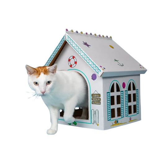 Cat in the Box Breezy Beach Cottage Cardboard Cat Playhouse, 5 Pack — Furniture Cat Trees | Paws N Shades