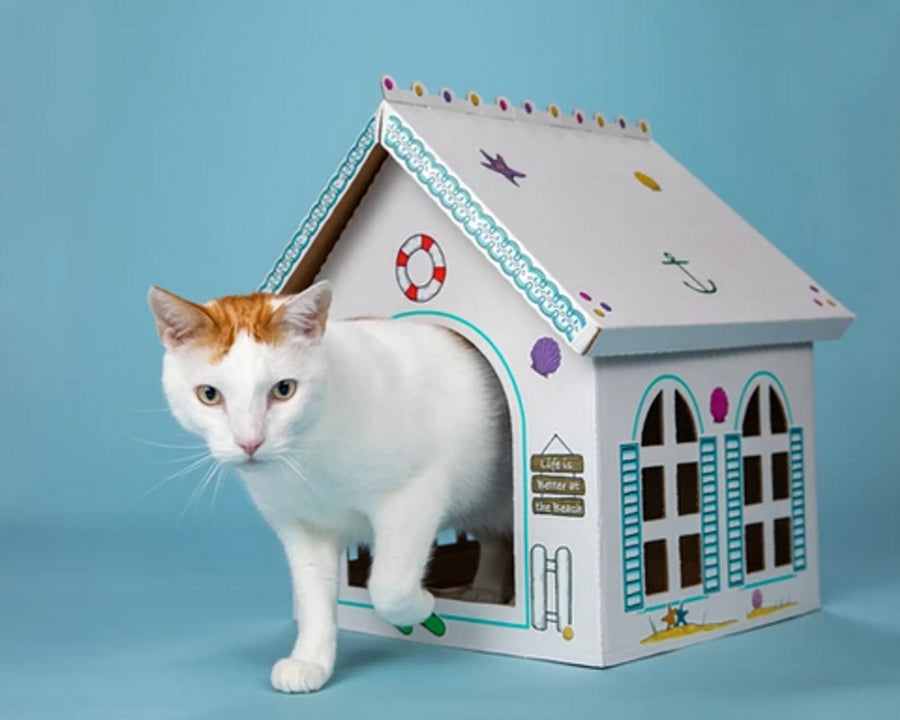 Cat in the Box Breezy Beach Cottage Cardboard Cat Playhouse, 5 Pack — Furniture Cat Trees | Paws N Shades