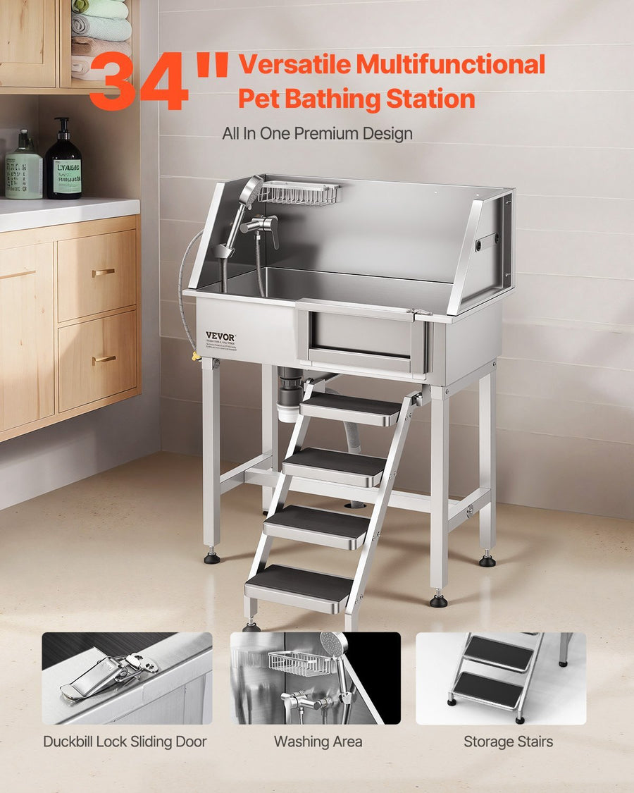 Professional 34" Stainless Steel Pet Grooming Tub with Walk-In Stairs — Cats Grooming | Paws N Shades